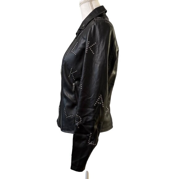 Karl Lagerfeld Paris Black Faux Leather Studded Moto Jacket Logo Detailing SizeS - Picture 2 of 16